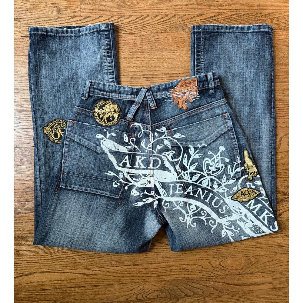 Vtg Akademiks Jeanius Baggy Wide Leg Y2K Embroidered Jeans Size 32